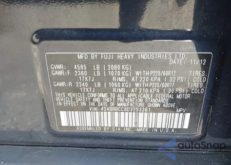 2013 Subaru Outback 2.5I Premium from USA, damaged, VIN 4S4BRBCC8D3253261